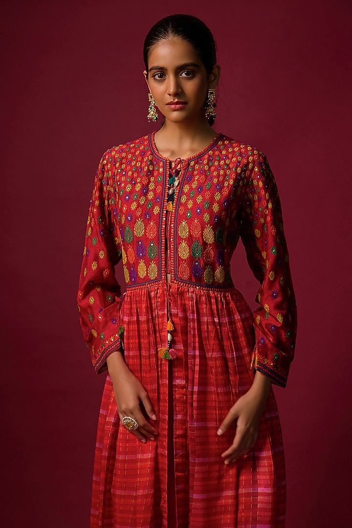 Red Satin Wrinkle Embroidered & Printed Jacket Set by SHRADDHA RAMBHIA at Pernia's Pop Up Shop