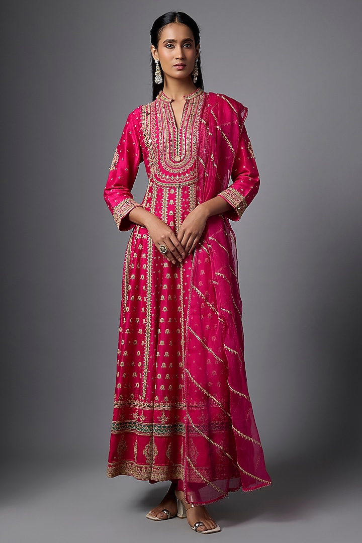 Rani Pink Vegan Silk Hand Embroidered Wedding Anarkali Set by SHRADDHA RAMBHIA at Pernia's Pop Up Shop