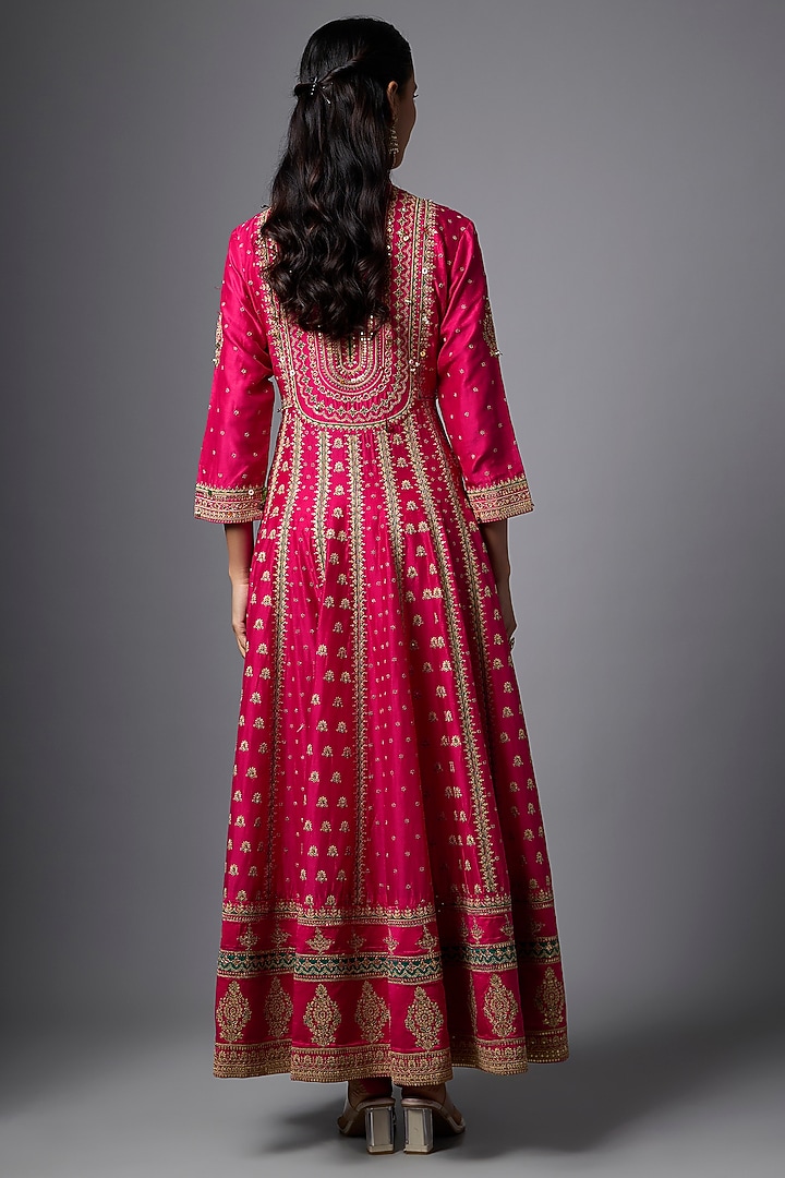 Rani Pink Vegan Silk Hand Embroidered Wedding Anarkali Set by SHRADDHA RAMBHIA at Pernia's Pop Up Shop