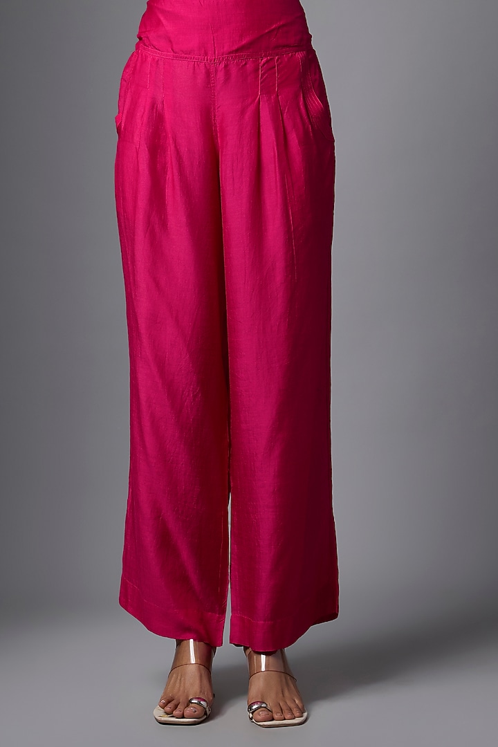 Rani Pink Vegan Silk Hand Embroidered Wedding Anarkali Set by SHRADDHA RAMBHIA at Pernia's Pop Up Shop