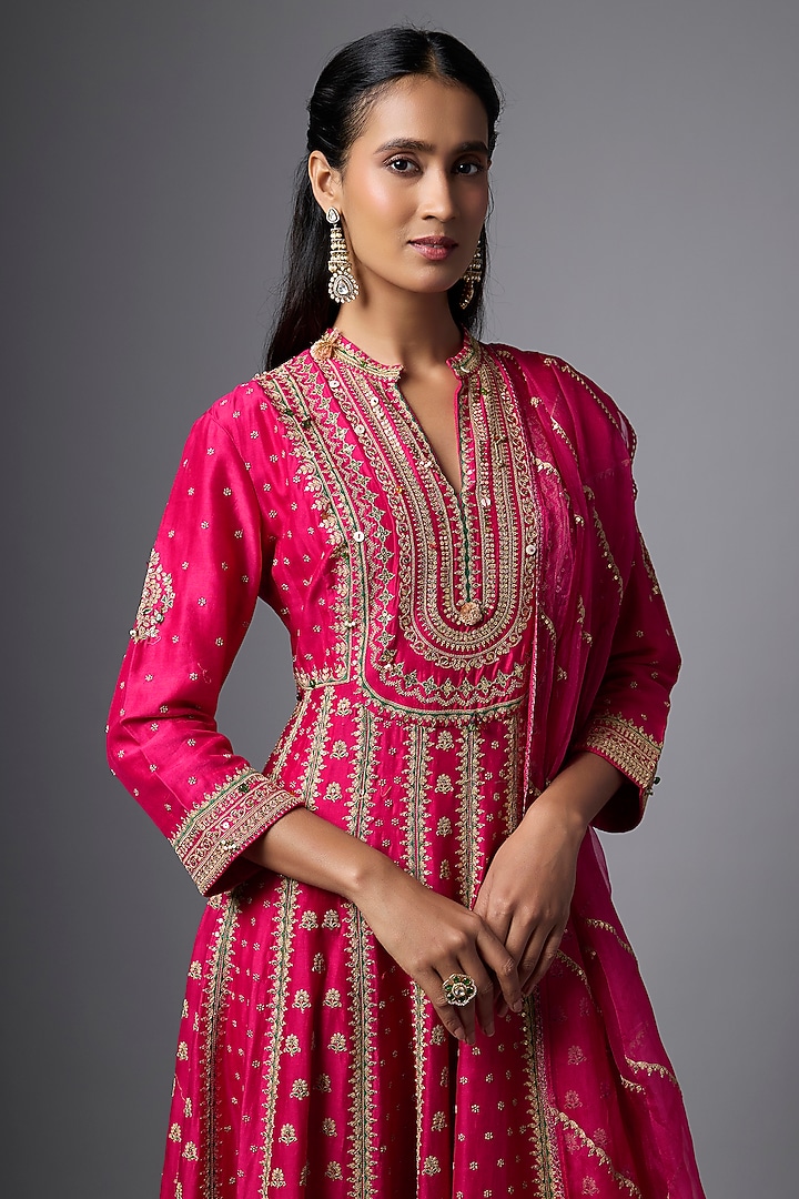 Rani Pink Vegan Silk Hand Embroidered Wedding Anarkali Set by SHRADDHA RAMBHIA at Pernia's Pop Up Shop