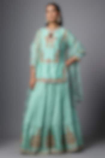 Duckegg Blue Slub Silk Resham Embroidered Crushed Wedding Lehenga Set by SHRADDHA RAMBHIA at Pernia's Pop Up Shop