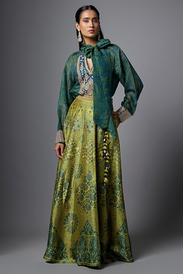 Mustard Vegan Tissue Floral Printed Skirt Set by SHRADDHA RAMBHIA at Pernia's Pop Up Shop