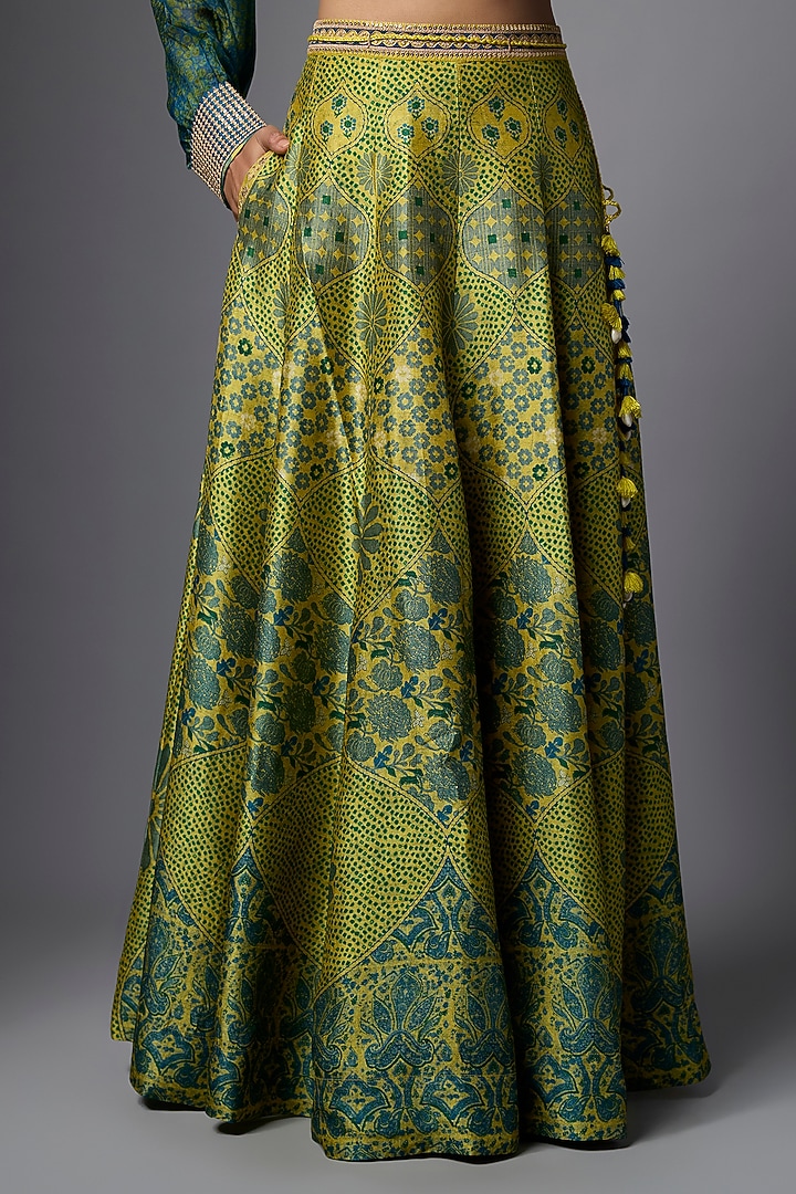 Mustard Vegan Tissue Floral Printed Skirt Set by SHRADDHA RAMBHIA at Pernia's Pop Up Shop