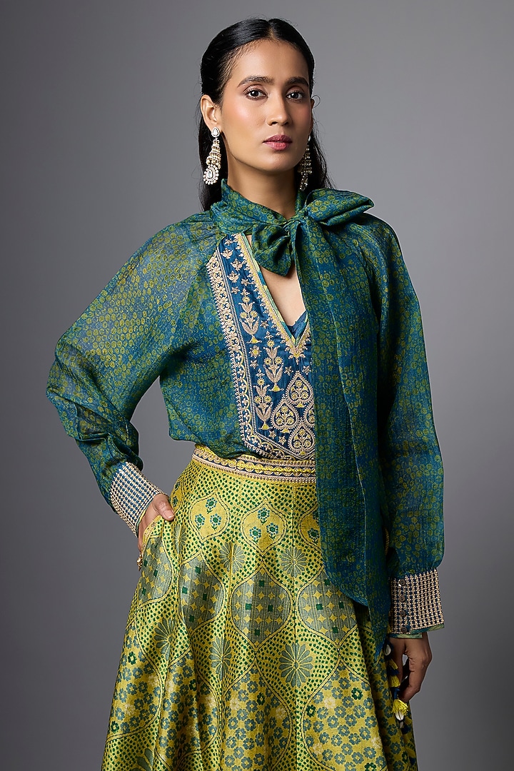 Mustard Vegan Tissue Floral Printed Skirt Set by SHRADDHA RAMBHIA at Pernia's Pop Up Shop
