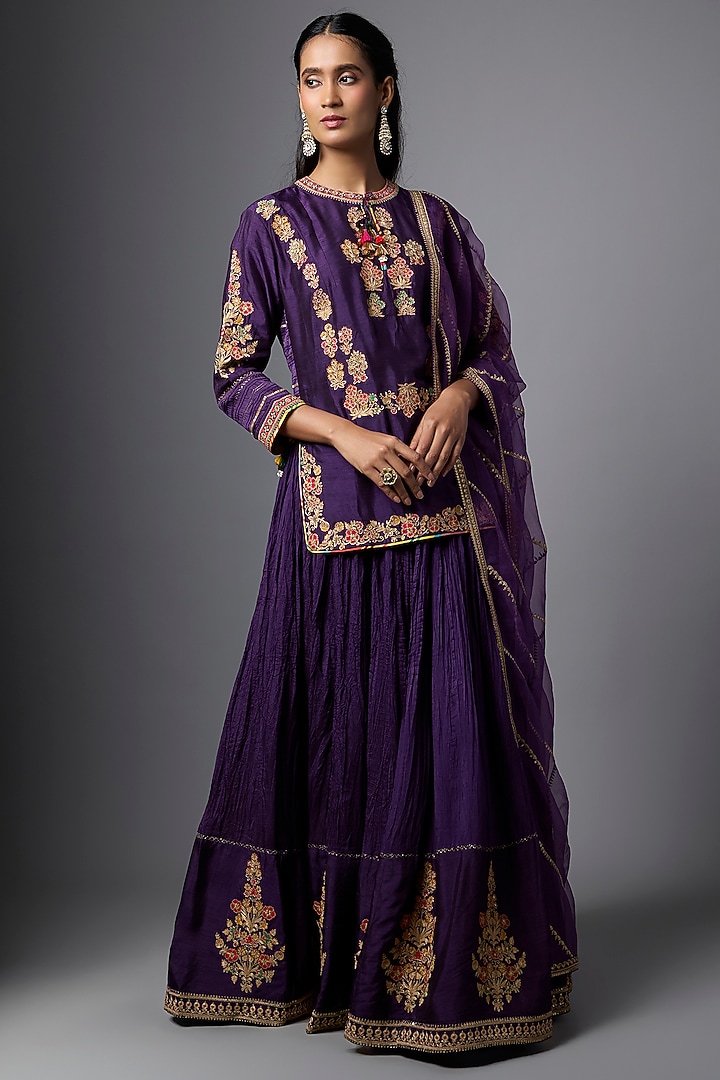 Purple Slub Silk Crushed Skirt Set by SHRADDHA RAMBHIA at Pernia's Pop Up Shop