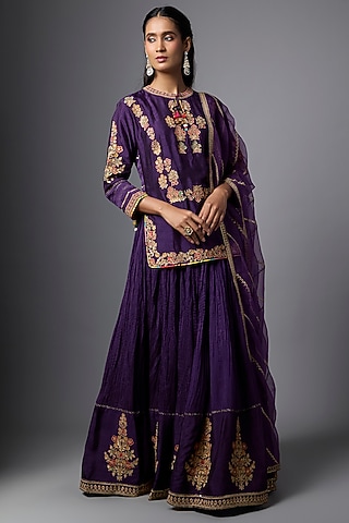 Purple Slub Silk Crushed Skirt Set by SHRADDHA RAMBHIA