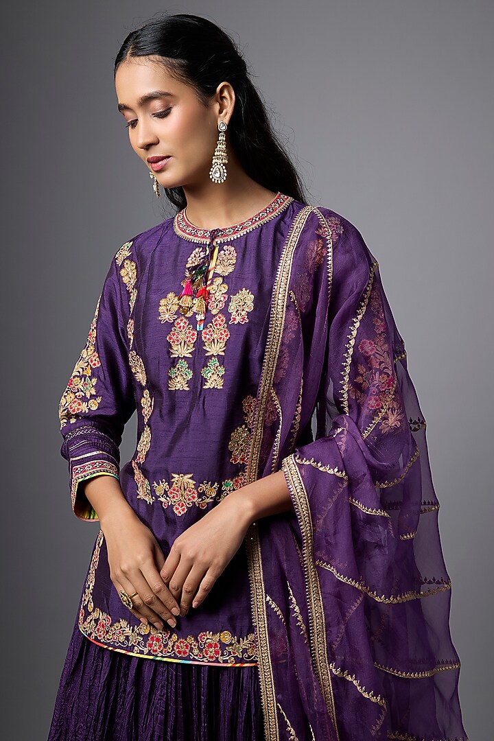Purple Slub Silk Crushed Skirt Set by SHRADDHA RAMBHIA at Pernia's Pop Up Shop