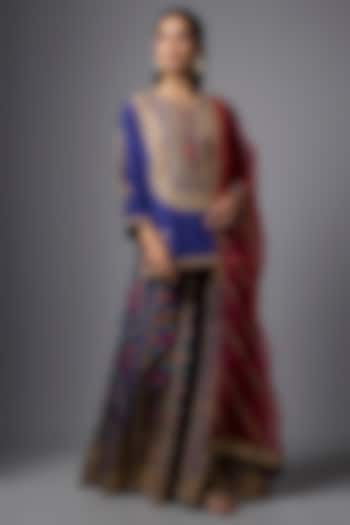 Blue Slub Silk Patola Printed Palazzo Set by SHRADDHA RAMBHIA at Pernia's Pop Up Shop