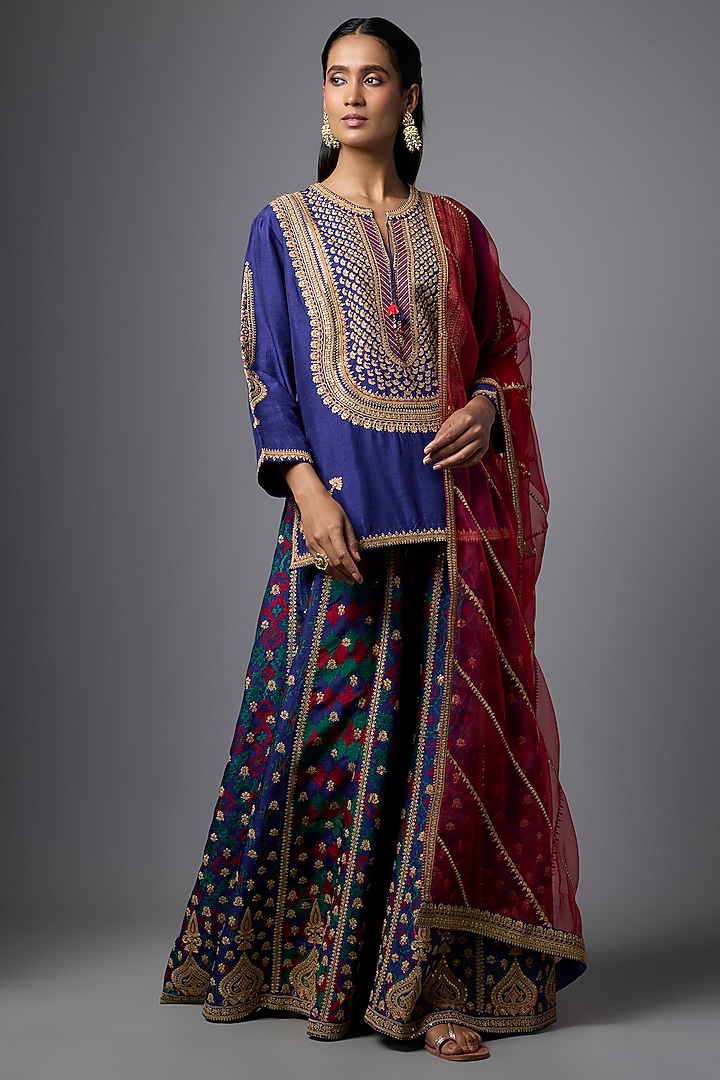 Blue Slub Silk Patola Printed Palazzo Set by SHRADDHA RAMBHIA at Pernia's Pop Up Shop