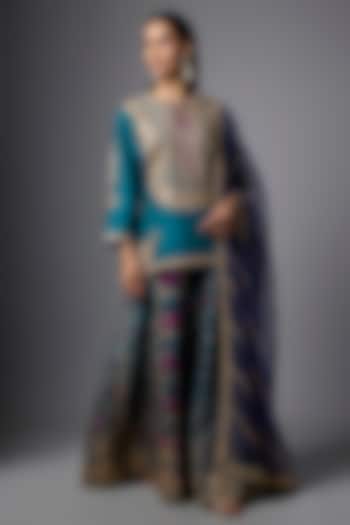 Teal Slub Silk Patola Printed Palazzo Set by SHRADDHA RAMBHIA at Pernia's Pop Up Shop