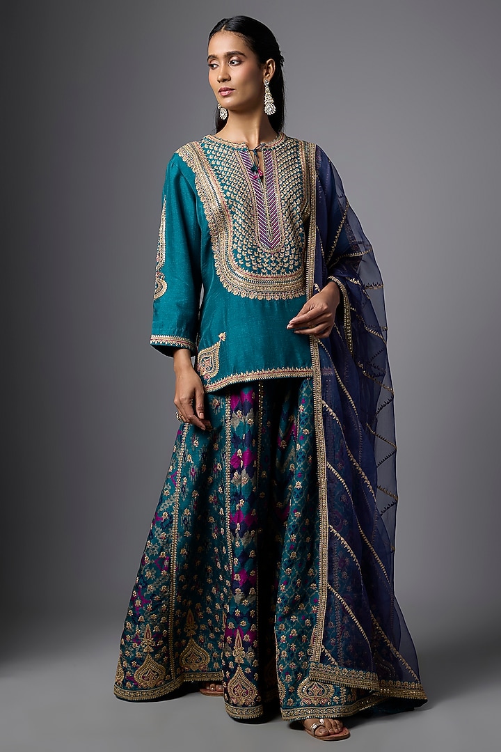 Teal Slub Silk Patola Printed Palazzo Set by SHRADDHA RAMBHIA at Pernia's Pop Up Shop