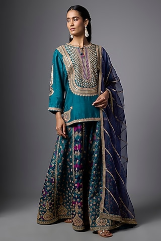 Teal Slub Silk Patola Printed Palazzo Set by SHRADDHA RAMBHIA