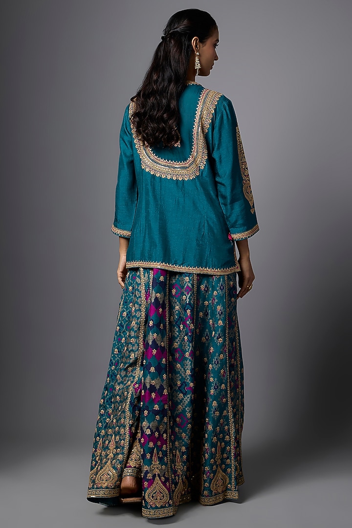 Teal Slub Silk Patola Printed Palazzo Set by SHRADDHA RAMBHIA at Pernia's Pop Up Shop