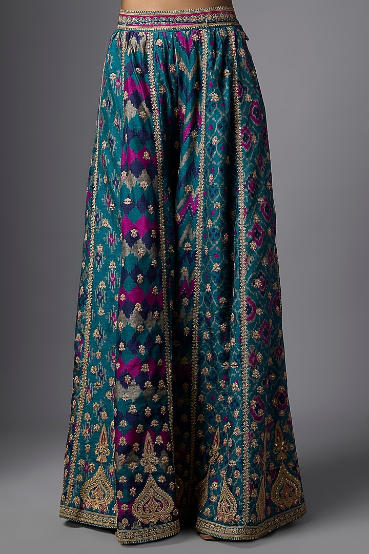 Teal Slub Silk Patola Printed Palazzo Set by SHRADDHA RAMBHIA at Pernia's Pop Up Shop