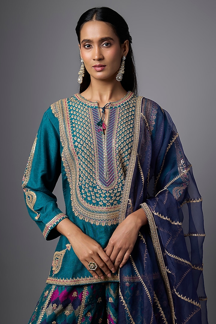 Teal Slub Silk Patola Printed Palazzo Set by SHRADDHA RAMBHIA at Pernia's Pop Up Shop
