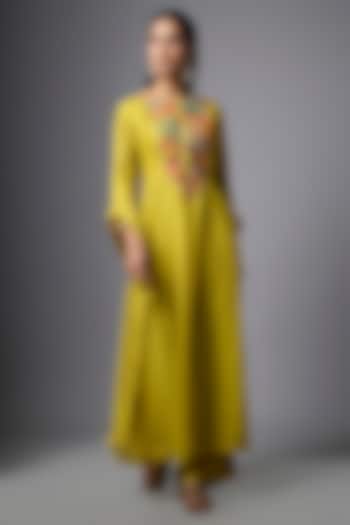 Mustard Katan Silk Resham Embroidered Kurta Set by SHRADDHA RAMBHIA at Pernia's Pop Up Shop