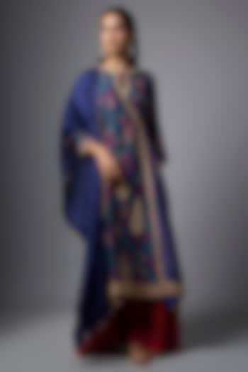 Blue Slub Silk Patola Printed Angrakha Kurta Set by SHRADDHA RAMBHIA at Pernia's Pop Up Shop