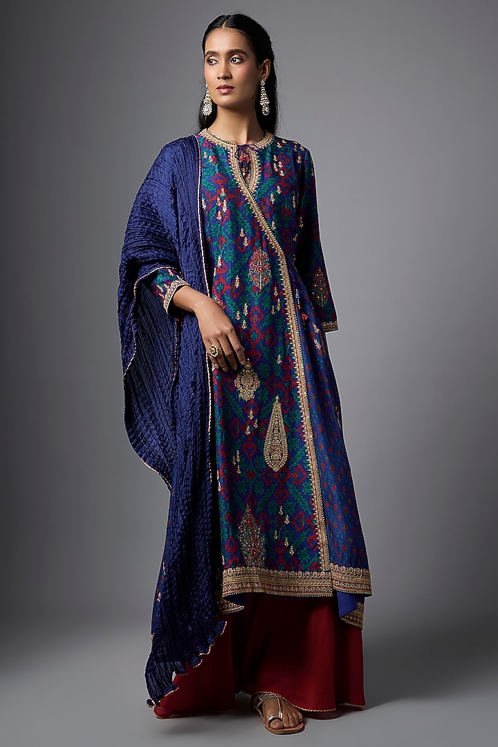 Blue Slub Silk Patola Printed Angrakha Kurta Set by SHRADDHA RAMBHIA at Pernia's Pop Up Shop