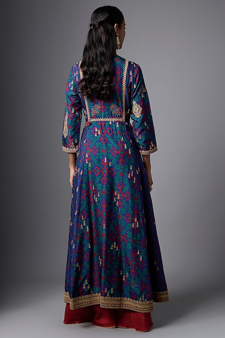 Blue Slub Silk Patola Printed Angrakha Kurta Set by SHRADDHA RAMBHIA at Pernia's Pop Up Shop