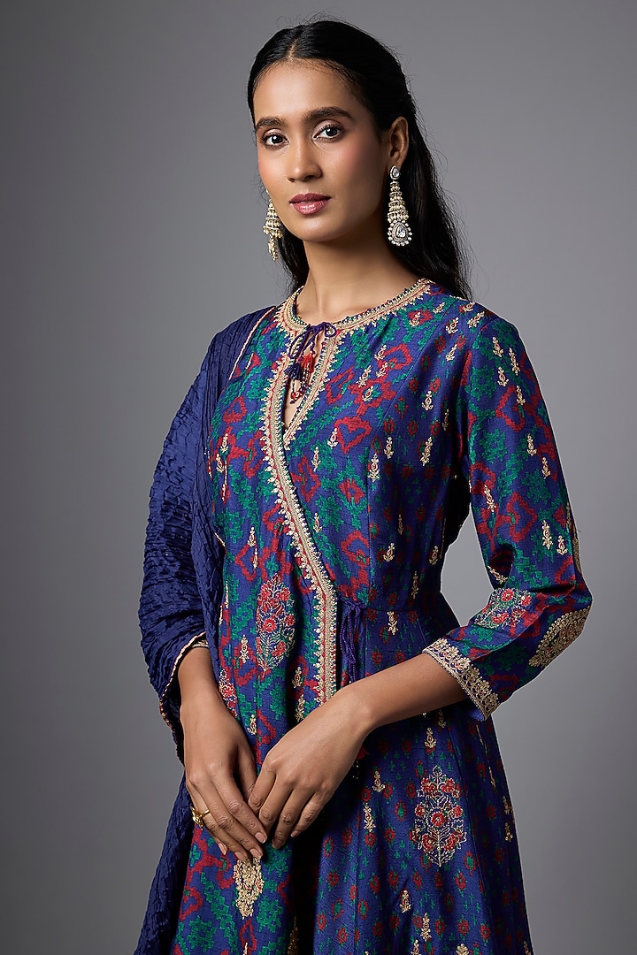 Blue Slub Silk Patola Printed Angrakha Kurta Set by SHRADDHA RAMBHIA at Pernia's Pop Up Shop