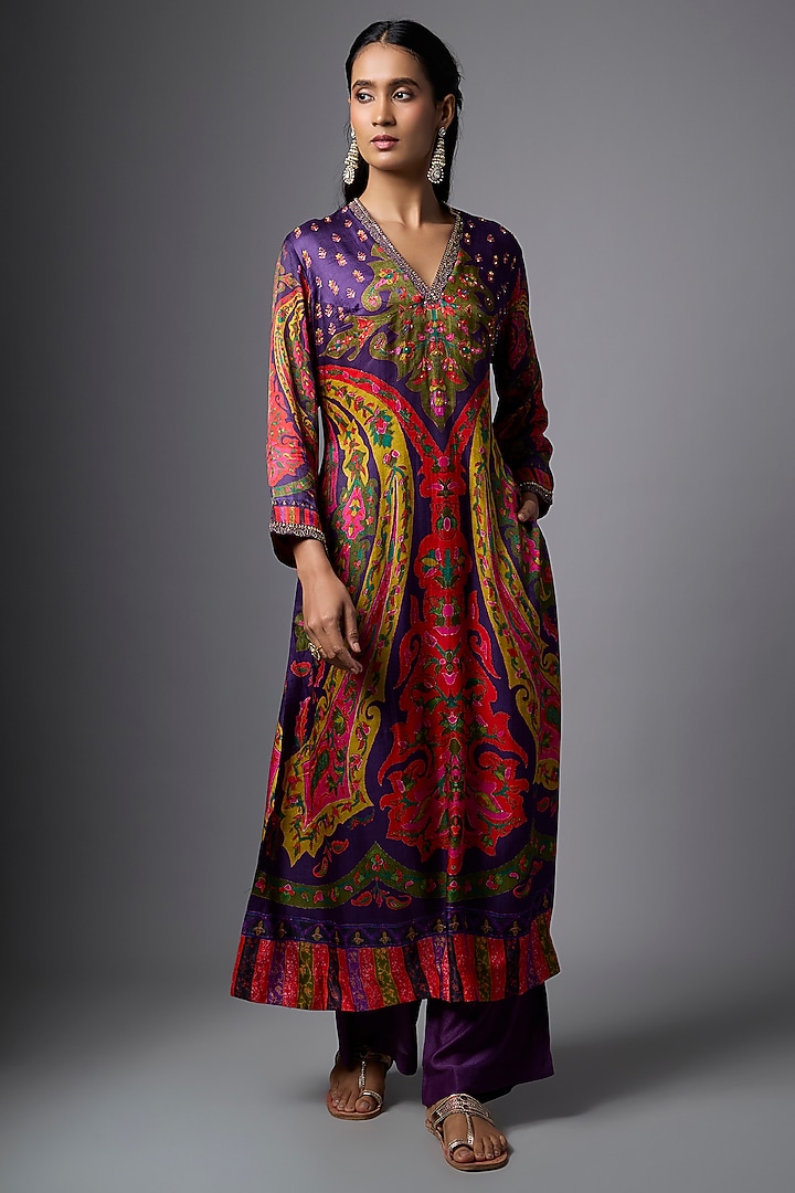 Purple Gajji Silk Paisley Printed Kurta Set by SHRADDHA RAMBHIA at Pernia's Pop Up Shop