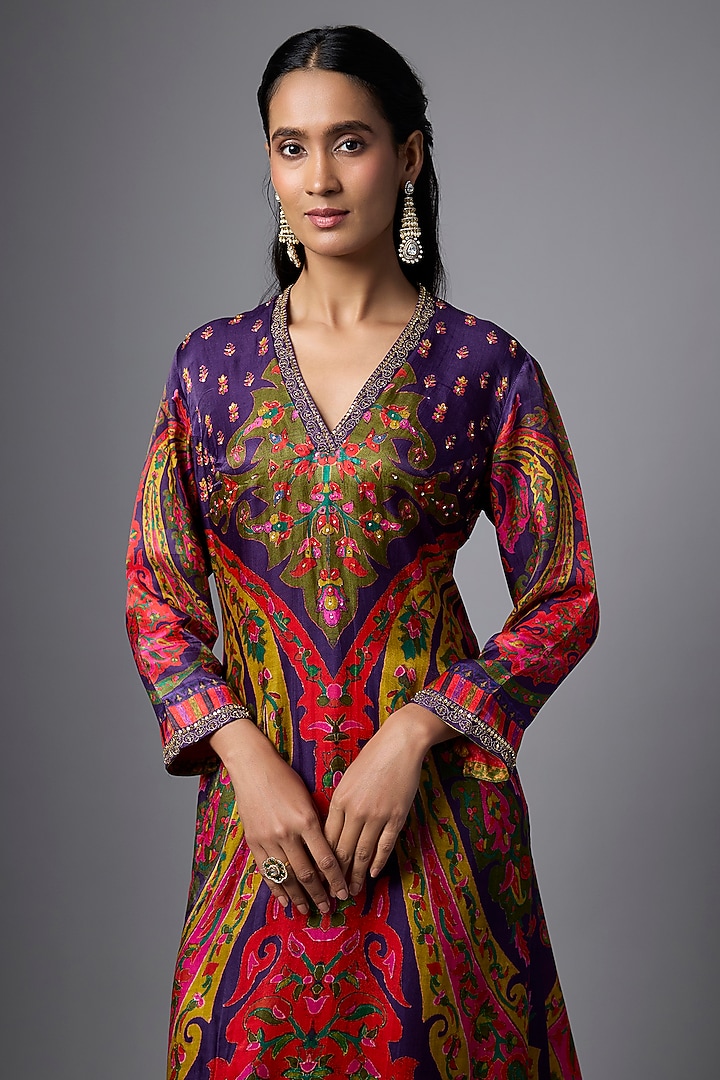 Purple Gajji Silk Paisley Printed Kurta Set by SHRADDHA RAMBHIA at Pernia's Pop Up Shop
