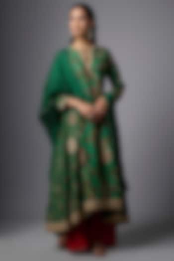 Bottle Green Slub Silk Patola Printed Angrakha Kurta Set by SHRADDHA RAMBHIA at Pernia's Pop Up Shop