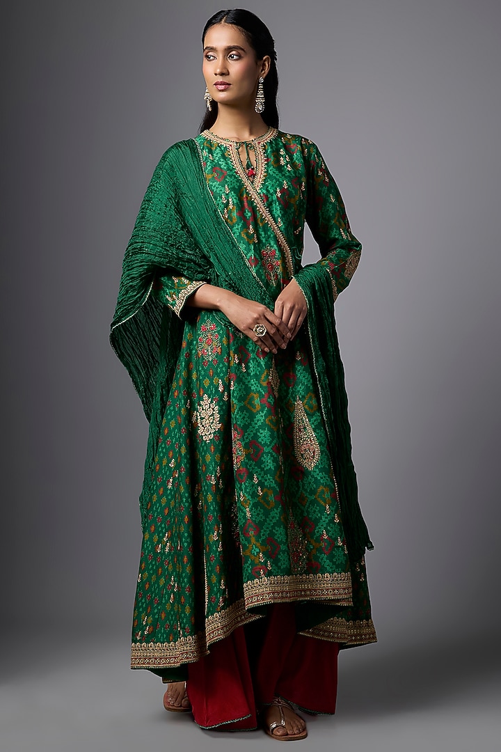 Bottle Green Slub Silk Patola Printed Angrakha Kurta Set by SHRADDHA RAMBHIA at Pernia's Pop Up Shop