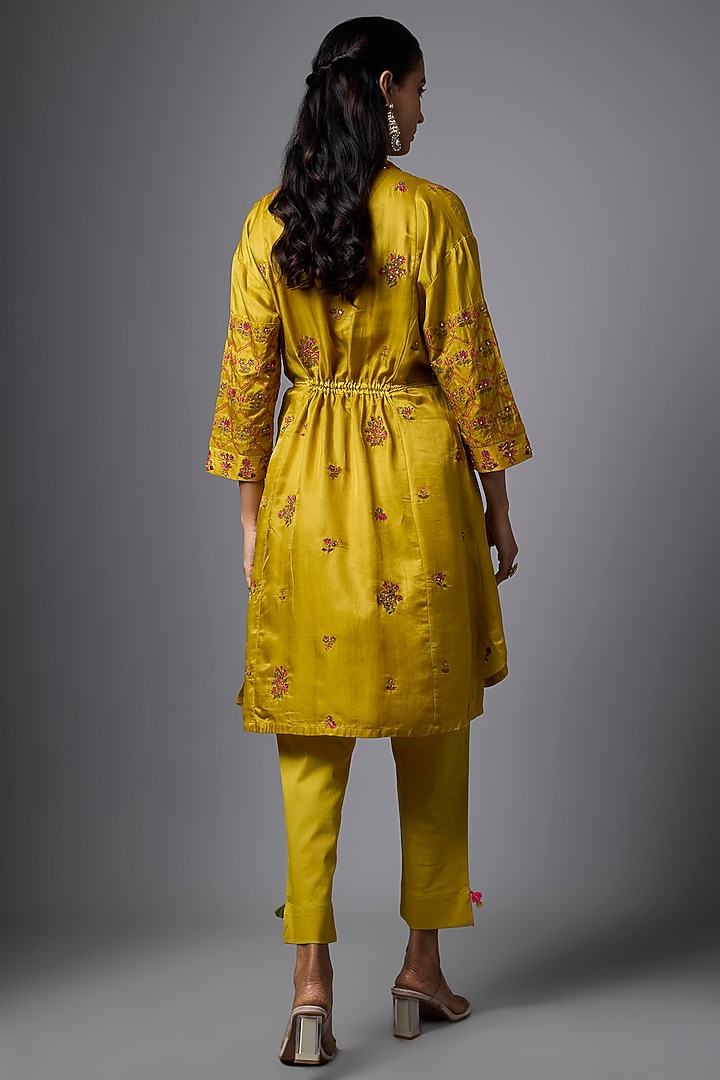 Mustard Gajji Silk Embroidered Co-Ord Set by SHRADDHA RAMBHIA at Pernia's Pop Up Shop
