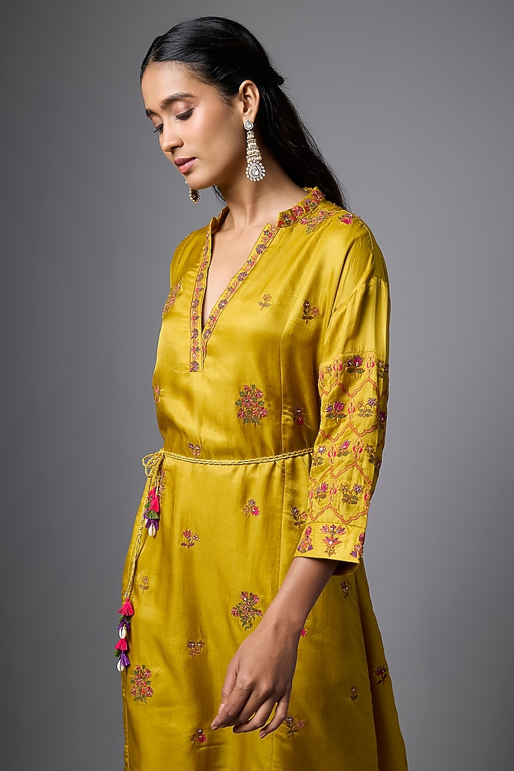 Mustard Gajji Silk Embroidered Co-Ord Set by SHRADDHA RAMBHIA at Pernia's Pop Up Shop