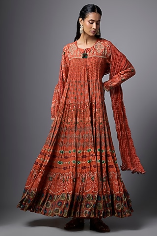 Orange Cotton Silk Printed Crushed Anarkali Set by SHRADDHA RAMBHIA