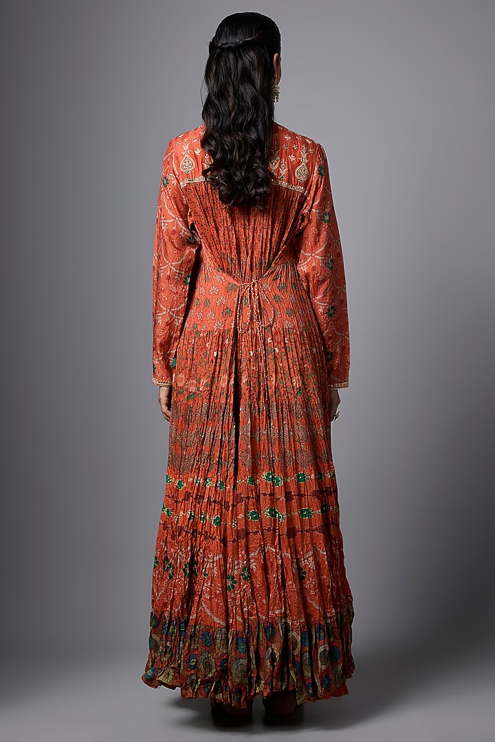 Orange Cotton Silk Printed Crushed Party Wear Anarkali Set by SHRADDHA RAMBHIA at Pernia's Pop Up Shop