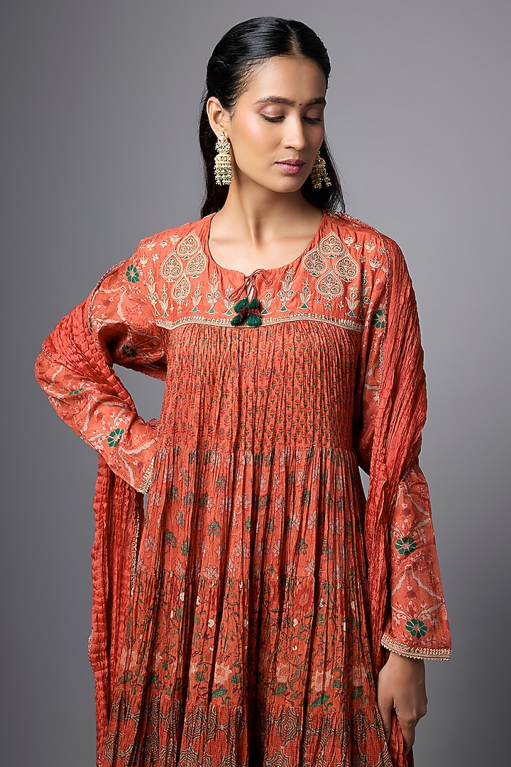 Orange Cotton Silk Printed Crushed Party Wear Anarkali Set by SHRADDHA RAMBHIA at Pernia's Pop Up Shop