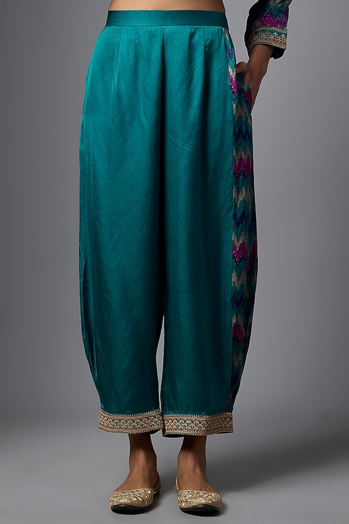 Teal Gajji Silk Patola Printed Co-Ord Set by SHRADDHA RAMBHIA at Pernia's Pop Up Shop