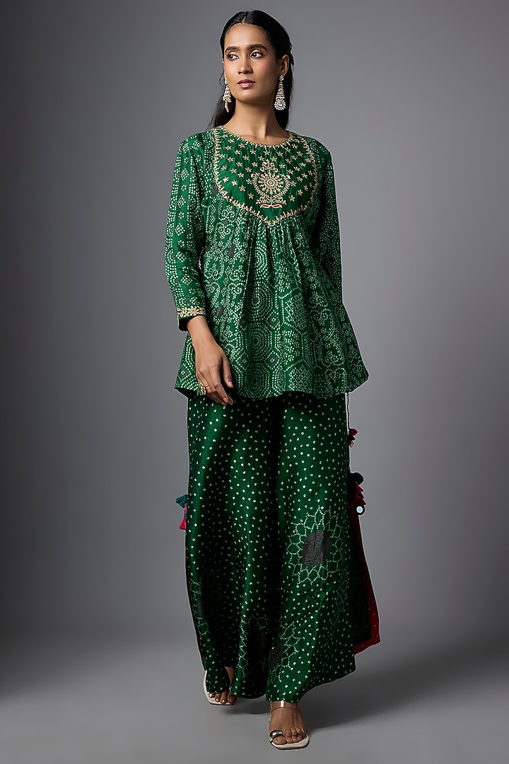 Bottle Green Slub Silk Bandhani Printed Co-Ord Set by SHRADDHA RAMBHIA at Pernia's Pop Up Shop