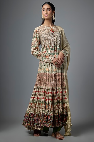 Ivory Cotton Silk Printed Crushed Anarkali Set by SHRADDHA RAMBHIA