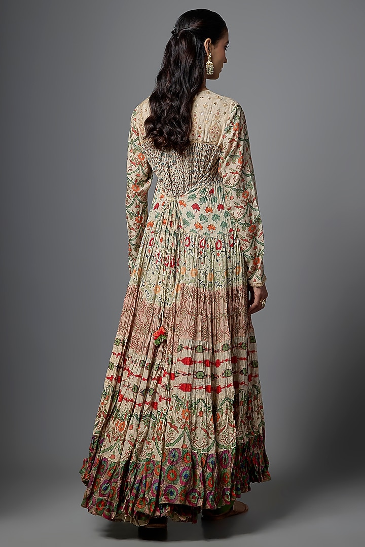 Ivory Cotton Silk Printed Crushed Party Wear Anarkali Set by SHRADDHA RAMBHIA at Pernia's Pop Up Shop