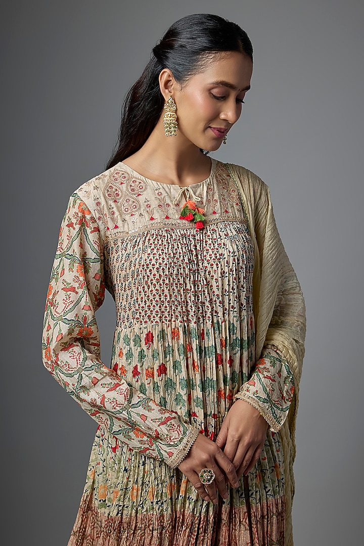 Ivory Cotton Silk Printed Crushed Party Wear Anarkali Set by SHRADDHA RAMBHIA at Pernia's Pop Up Shop