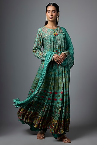 Blue Cotton Silk Printed Crushed Anarkali Set by SHRADDHA RAMBHIA