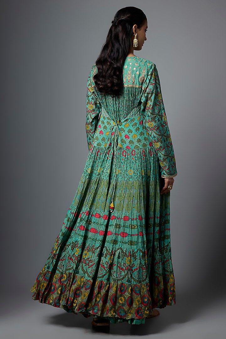 Blue Cotton Silk Printed Crushed Party Wear Anarkali Set by SHRADDHA RAMBHIA at Pernia's Pop Up Shop