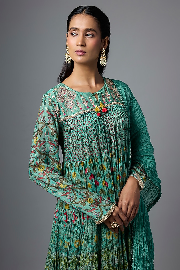 Blue Cotton Silk Printed Crushed Party Wear Anarkali Set by SHRADDHA RAMBHIA at Pernia's Pop Up Shop
