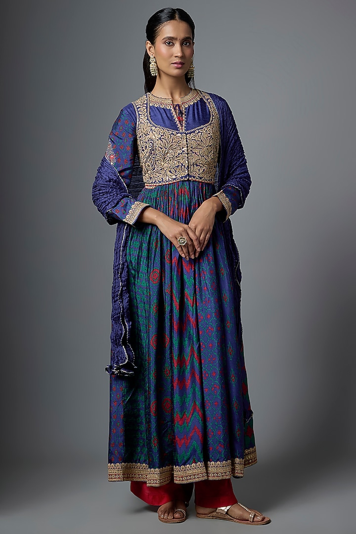 Blue Vegan Slub Silk Patola Printed Party Wear Anarkali Set by SHRADDHA RAMBHIA at Pernia's Pop Up Shop