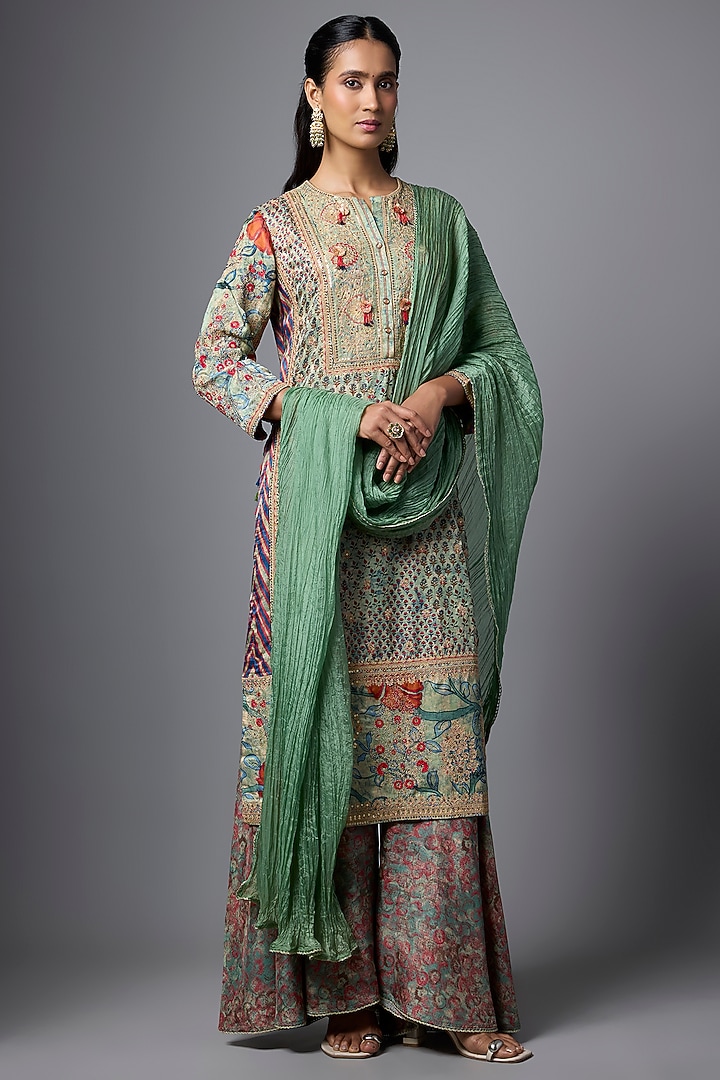 Pista Green Slub Silk Digital Printed Kurta Set by SHRADDHA RAMBHIA at Pernia's Pop Up Shop