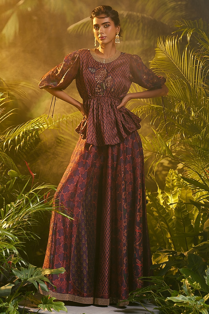 Purple Vegan Gajji Silk Ajrakh Printed Co-Ord Set by SHRADDHA RAMBHIA at Pernia's Pop Up Shop