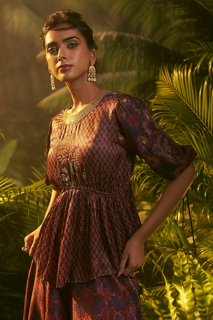 Purple Vegan Gajji Silk Ajrakh Printed Co-Ord Set by SHRADDHA RAMBHIA at Pernia's Pop Up Shop