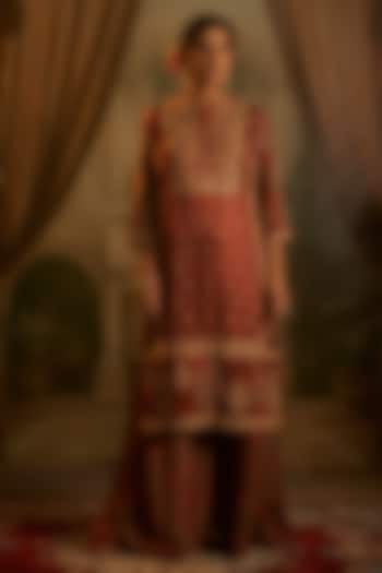 Rust Vegan Gajji Silk Dori Embroidered Kurta Set by SHRADDHA RAMBHIA at Pernia's Pop Up Shop