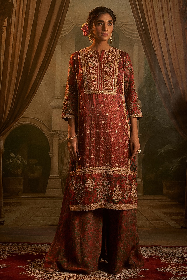 Rust Vegan Gajji Silk Dori Embroidered Kurta Set by SHRADDHA RAMBHIA at Pernia's Pop Up Shop