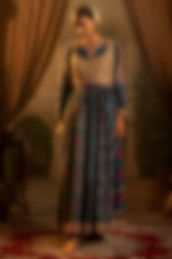 Teal Slub Silk Patola Printed Party Wear Anarkali Set by SHRADDHA RAMBHIA at Pernia's Pop Up Shop