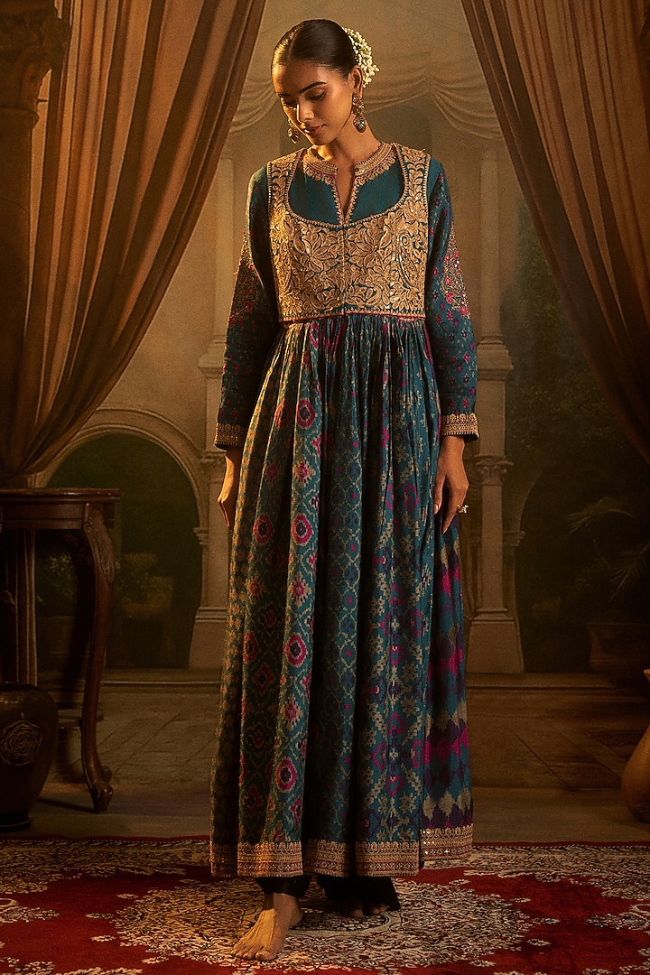 Teal Slub Silk Patola Printed Party Wear Anarkali Set by SHRADDHA RAMBHIA at Pernia's Pop Up Shop